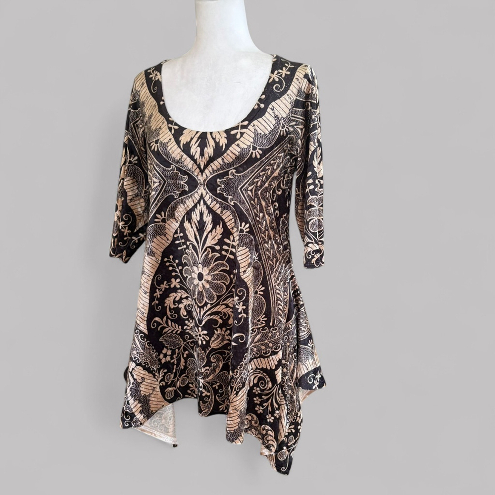 Vintage 90s Amma Velvet Floral Tunic Blouse Black Gold Large